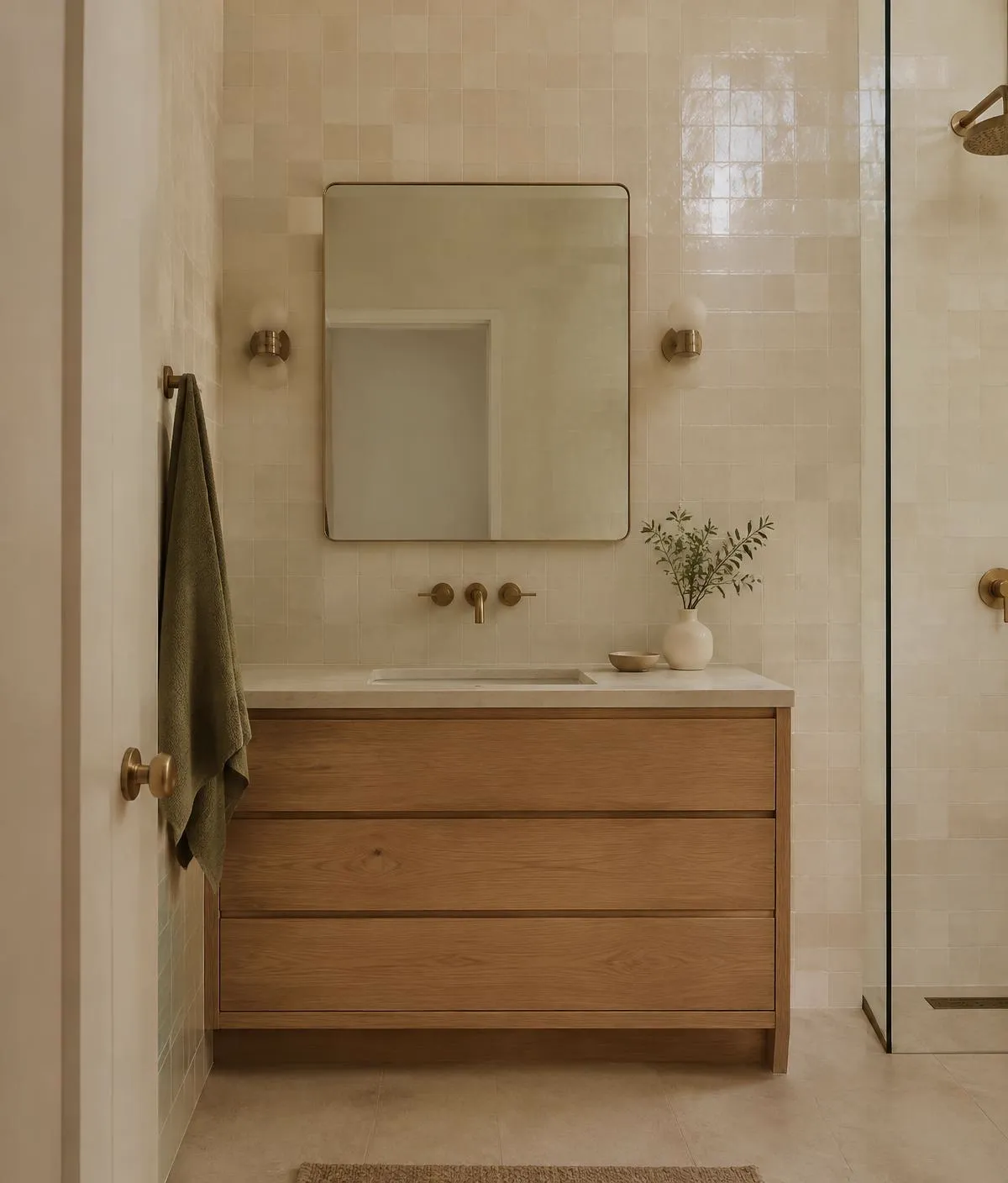 Bathroom with cream tile, oak vanity with drawers, and brass fixtures