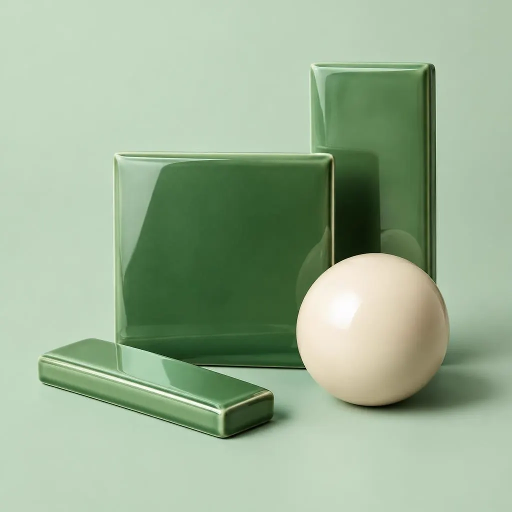 Green ceramic tiles beside a cream sphere