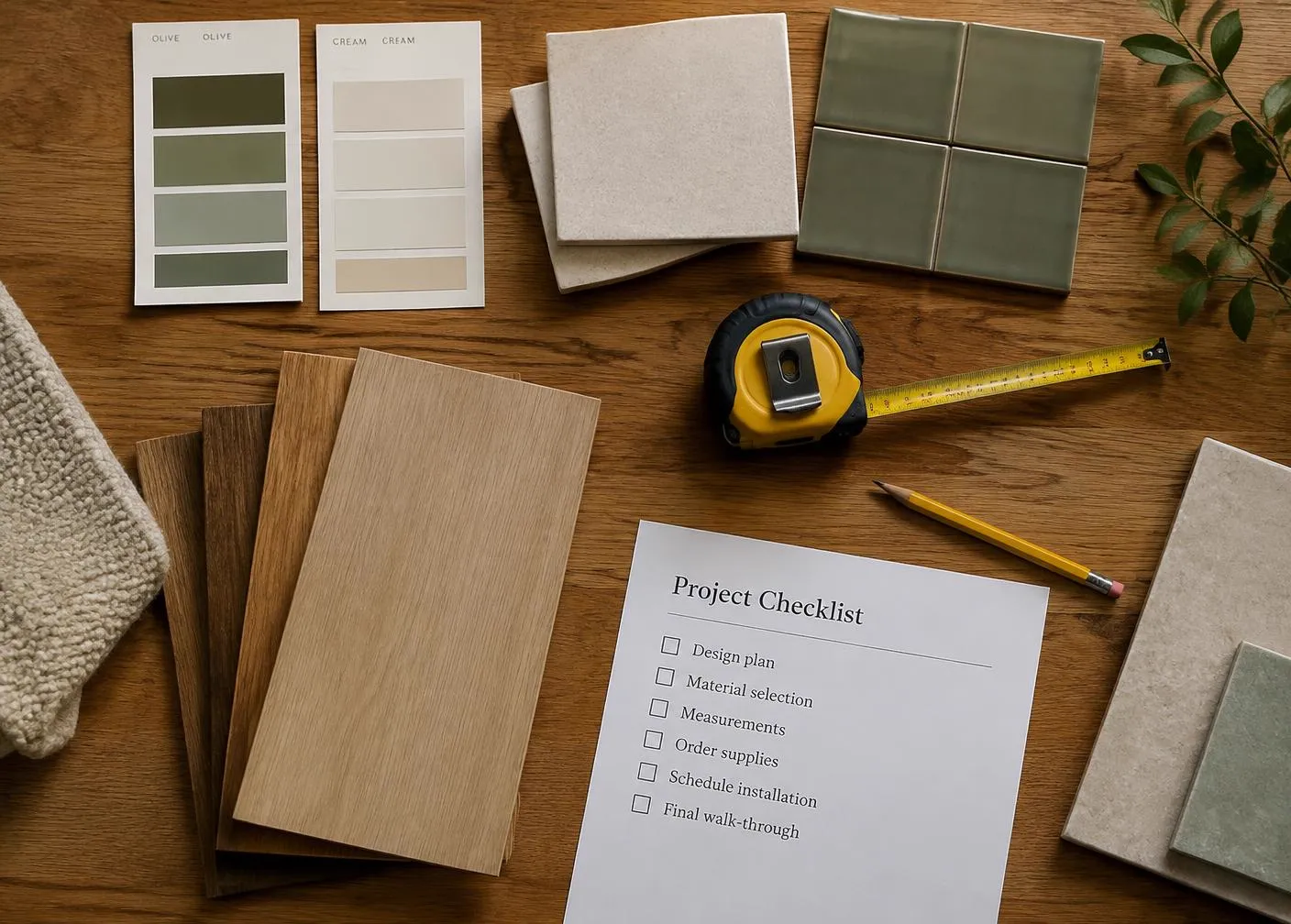 Flat lay of paint, tile, and wood flooring samples