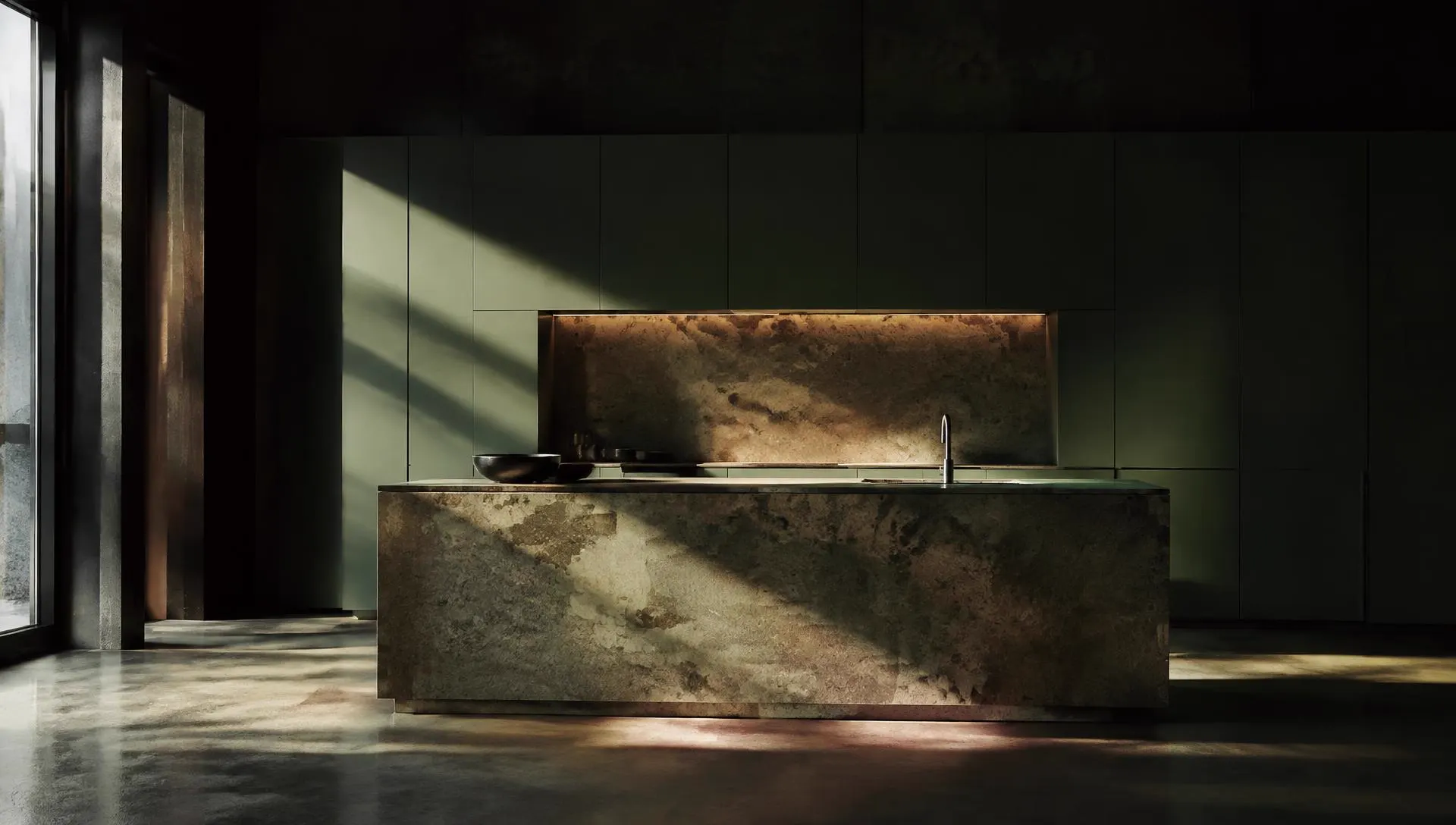 Green kitchen with stone island in dramatic light