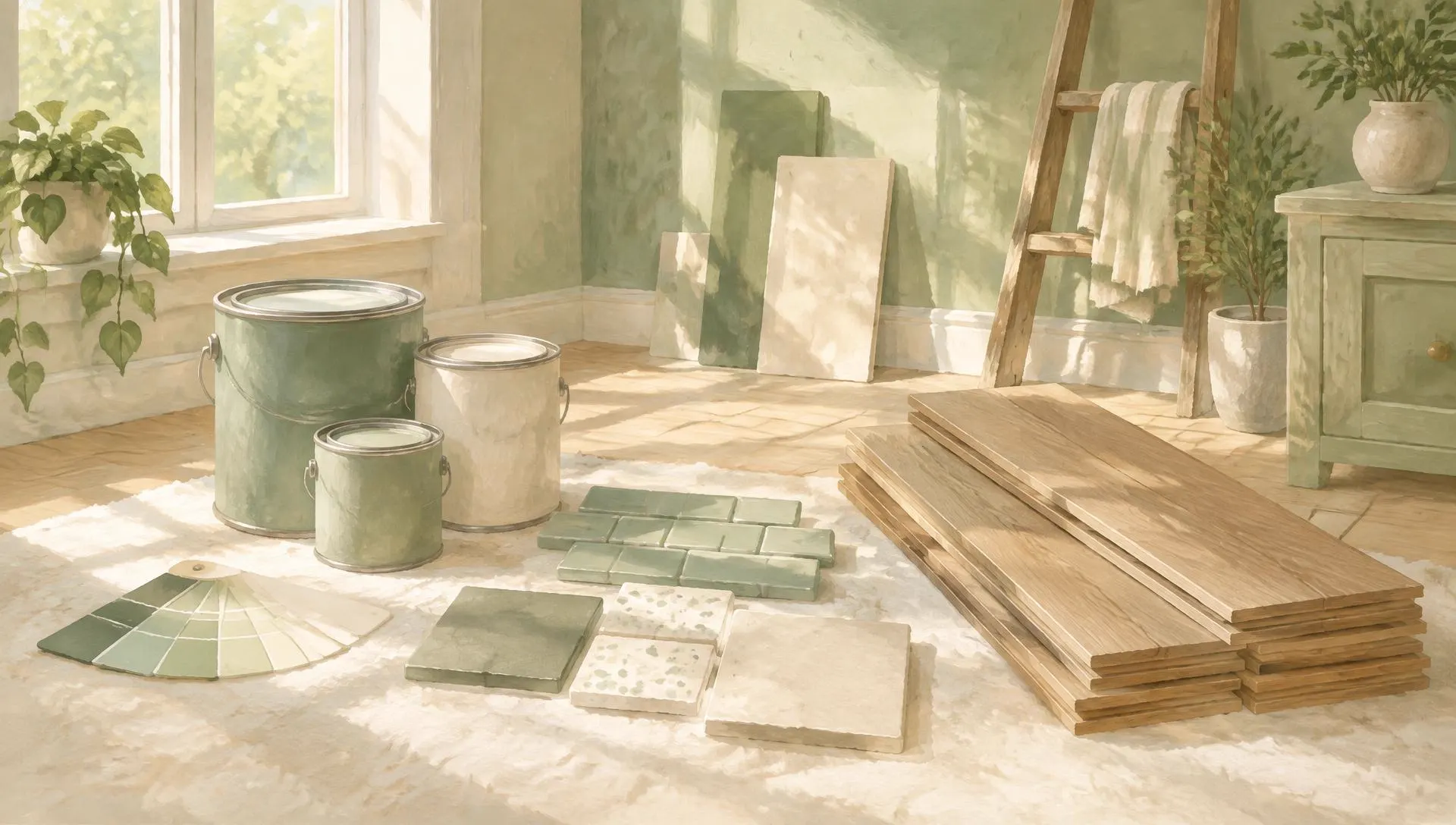 Painted illustration of finish samples in a sunny room