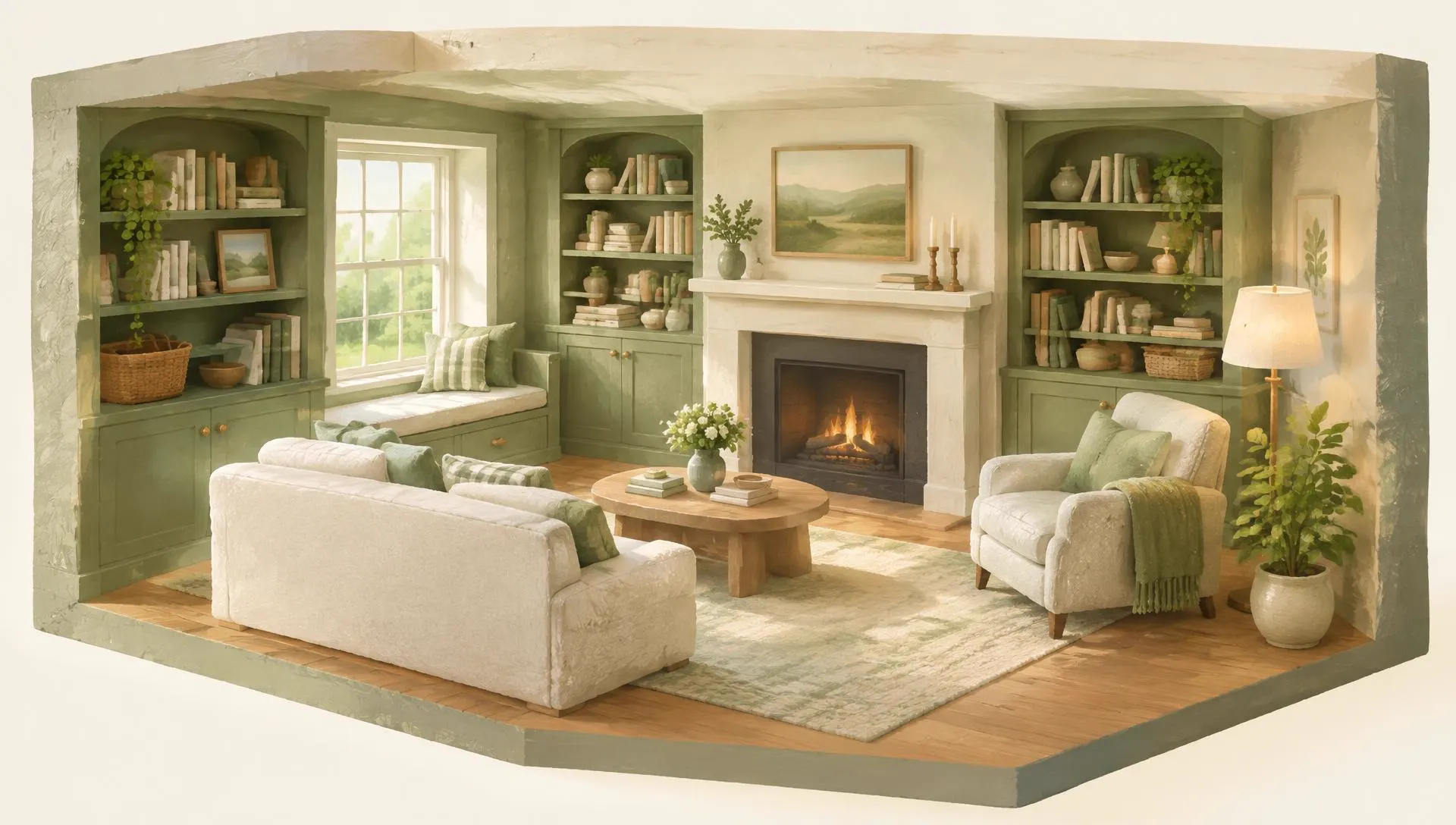 Painted illustration of a living room with built-in shelves